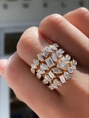 Elegant Gold Multi-Crystal Stacked Ring